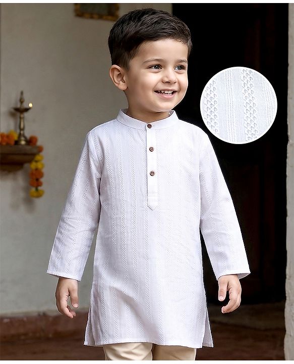 Babyhug 100% Cotton Woven Full Sleeves Embroidered Kurta -White
