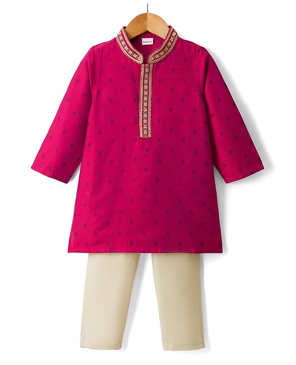 Babyhug Woven Full Sleeves Dobby Kurta Pajama Set with Embroidery - Fuchsia