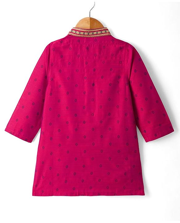 Babyhug Woven Full Sleeves Dobby Kurta Pajama Set with Embroidery - Fuchsia