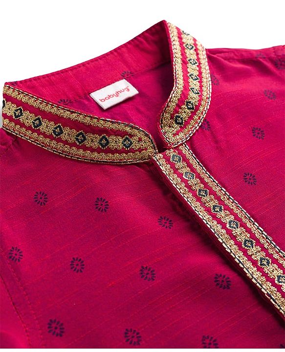 Babyhug Woven Full Sleeves Dobby Kurta Pajama Set with Embroidery - Fuchsia