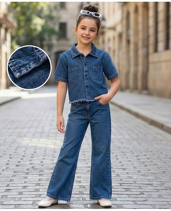 Pine Kids Cotton Knit Half Sleeves Co-ords Solid Color Denim Top & Jeans Set - Blue