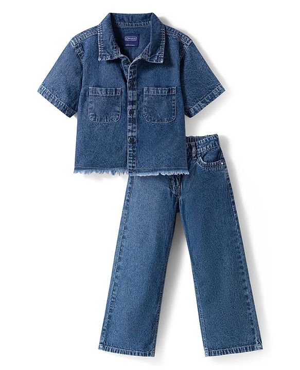 Pine Kids Cotton Knit Half Sleeves Co-ords Solid Color Denim Top & Jeans Set - Blue