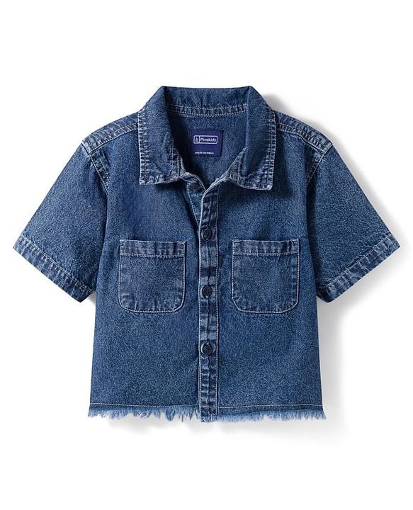 Pine Kids Cotton Knit Half Sleeves Co-ords Solid Color Denim Top & Jeans Set - Blue