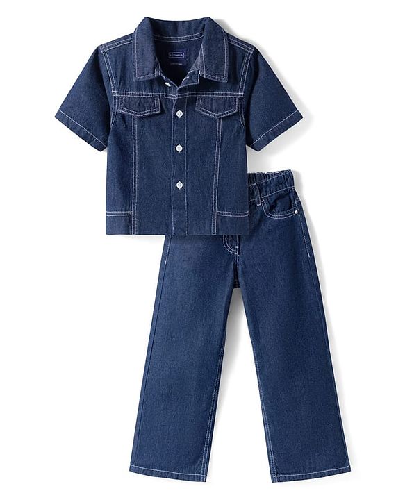 Pine Kids Cotton Knit Half Sleeves Co-ords Solid Color Denim Top & Jeans Set - Blue