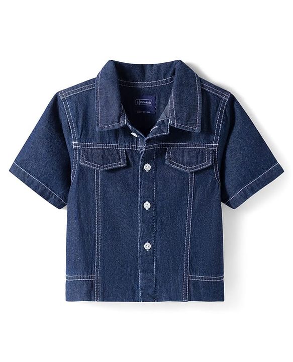 Pine Kids Cotton Knit Half Sleeves Co-ords Solid Color Denim Top & Jeans Set - Blue