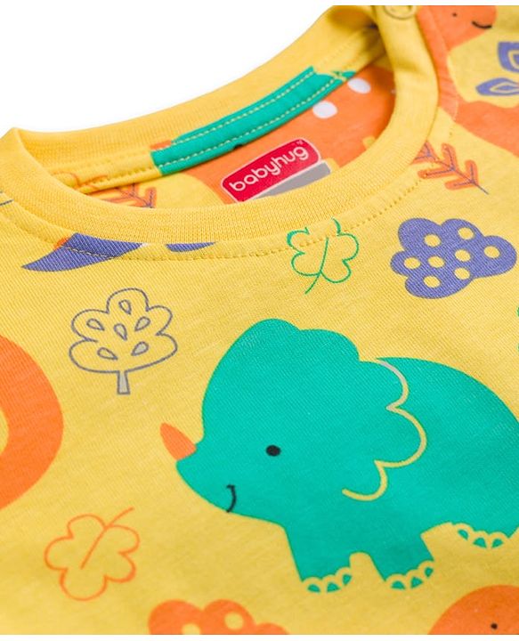 Babyhug Cotton Knit Full Sleeves T-Shirt & Lounge Pant Co-ords Night Suit With Dino Print - Yellow
