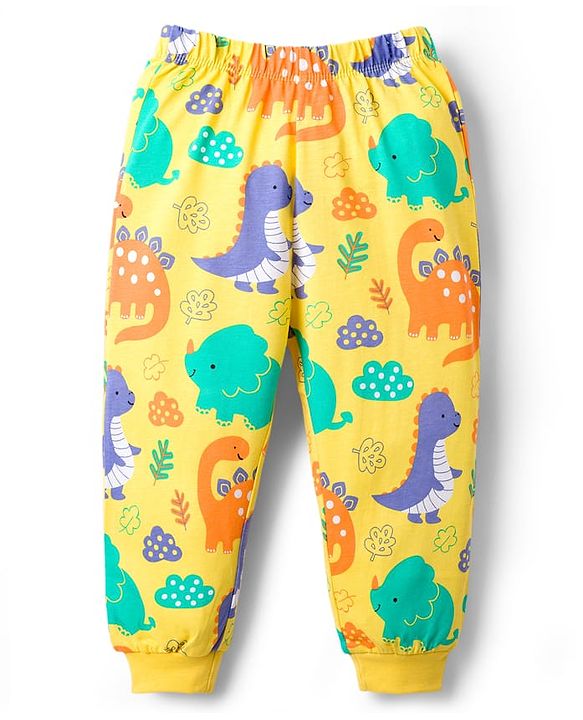 Babyhug Cotton Knit Full Sleeves T-Shirt & Lounge Pant Co-ords Night Suit With Dino Print - Yellow