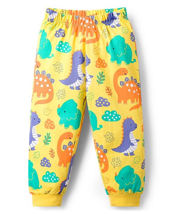 Babyhug Cotton Knit Full Sleeves T-Shirt & Lounge Pant Co-ords Night Suit With Dino Print - Yellow