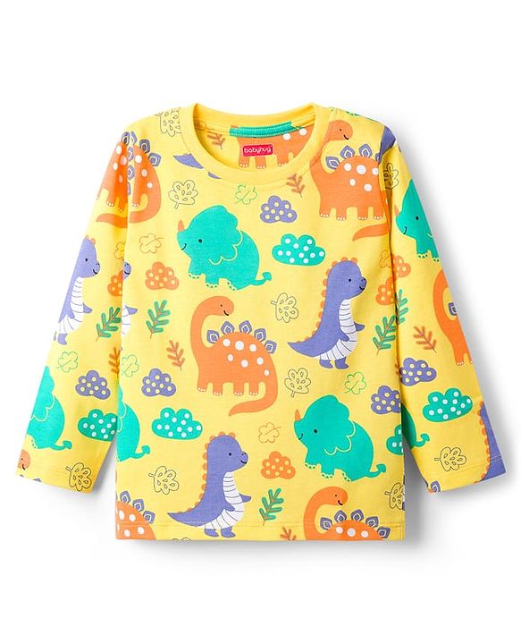 Babyhug Cotton Knit Full Sleeves T-Shirt & Lounge Pant Co-ords Night Suit With Dino Print - Yellow