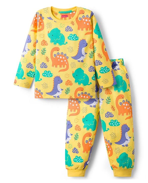 Babyhug Cotton Knit Full Sleeves T-Shirt & Lounge Pant Co-ords Night Suit With Dino Print - Yellow