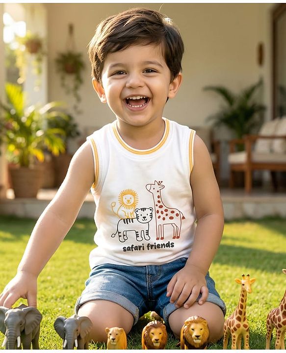 Babyhug 100% Cotton Knit Sleeveless T-Shirt With Animal Print - White