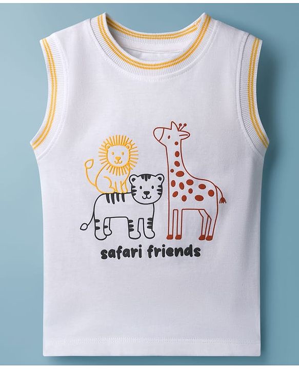Babyhug 100% Cotton Knit Sleeveless T-Shirt With Animal Print - White