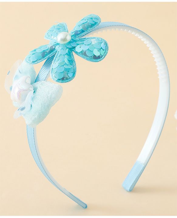 Babyhug Free Size Hair Band With Bow & Sequinned Floral Applique -Light Blue