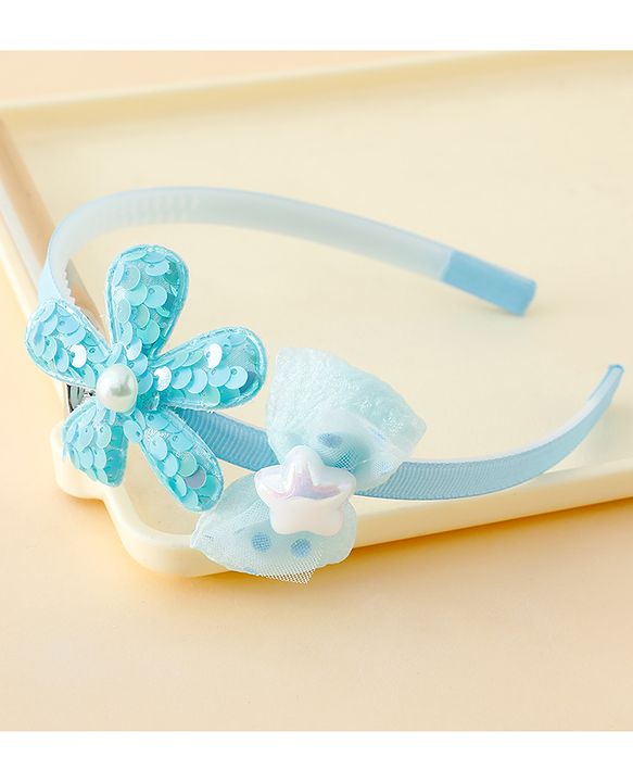 Babyhug Free Size Hair Band With Bow & Sequinned Floral Applique -Light Blue