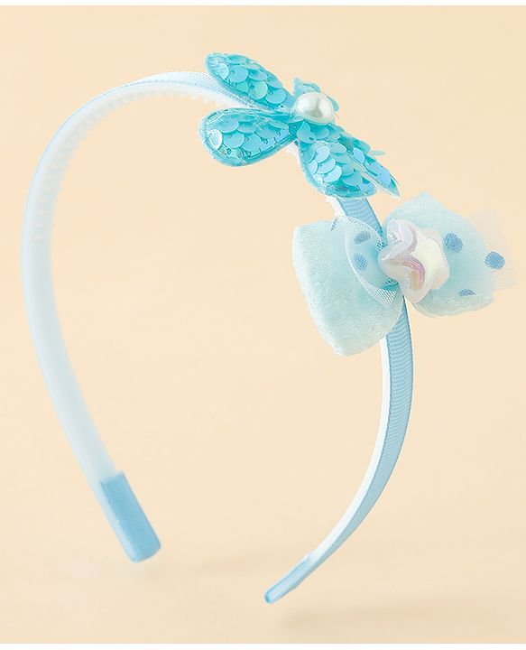 Babyhug Free Size Hair Band With Bow & Sequinned Floral Applique -Light Blue