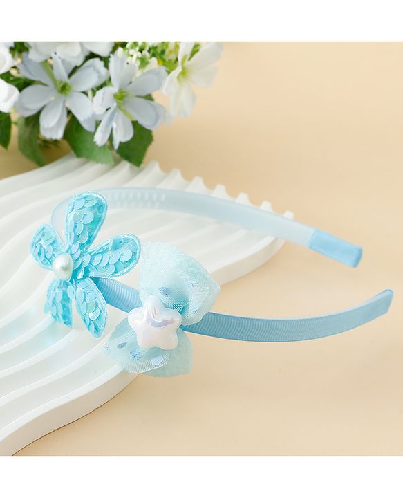 Babyhug Free Size Hair Band With Bow & Sequinned Floral Applique -Light Blue