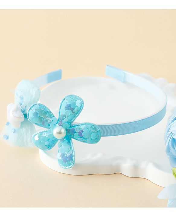 Babyhug Free Size Hair Band With Bow & Sequinned Floral Applique -Light Blue