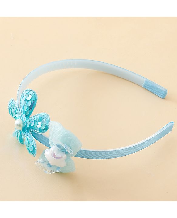 Babyhug Free Size Hair Band With Bow & Sequinned Floral Applique -Light Blue
