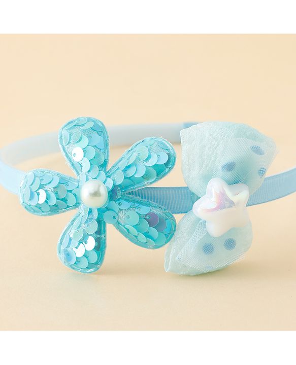 Babyhug Free Size Hair Band With Bow & Sequinned Floral Applique -Light Blue
