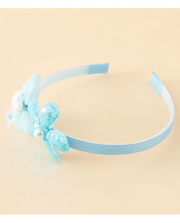 Babyhug Free Size Hair Band With Bow & Sequinned Floral Applique -Light Blue