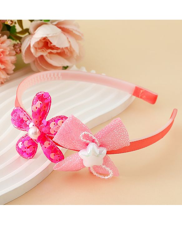 Babyhug Free Size Hair Band With Bow & Sequinned Floral Applique -Light Blue