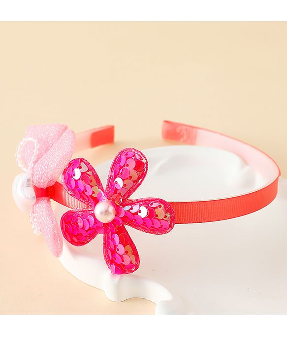 Babyhug Free Size Hair Band With Bow & Sequinned Floral Applique -Light Blue