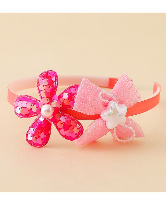 Babyhug Free Size Hair Band With Bow & Sequinned Floral Applique -Light Blue