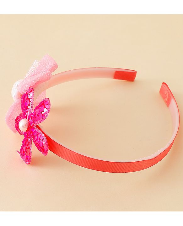 Babyhug Free Size Hair Band With Bow & Sequinned Floral Applique -Light Blue