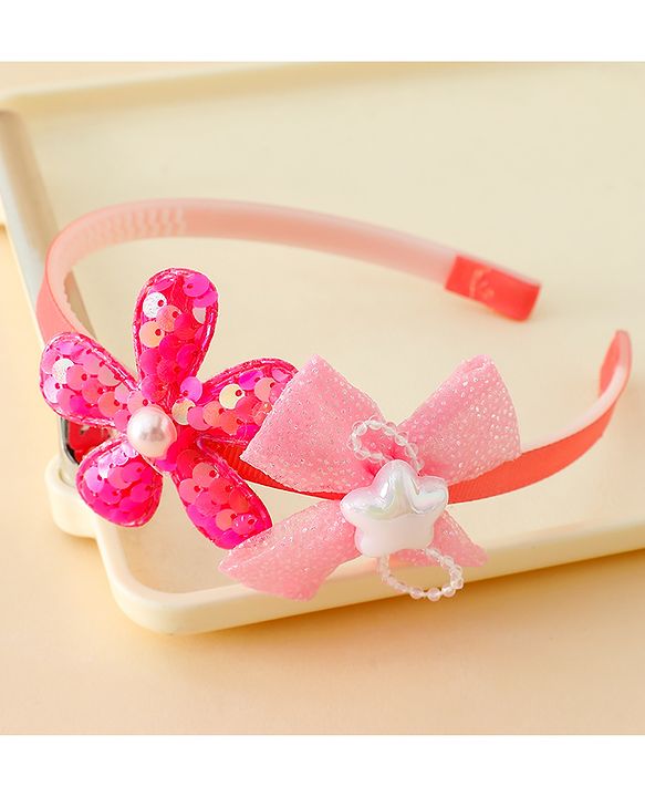 Babyhug Free Size Hair Band With Bow & Sequinned Floral Applique -Light Blue