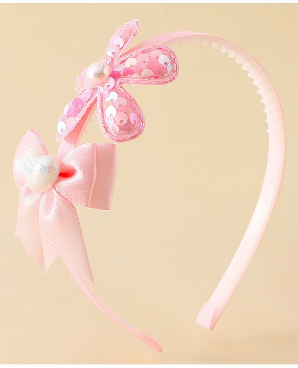 Pine Kids Free Size Hair Band With Bow & Sequinned Floral Applique - Pink
