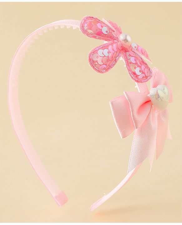 Pine Kids Free Size Hair Band With Bow & Sequinned Floral Applique - Pink