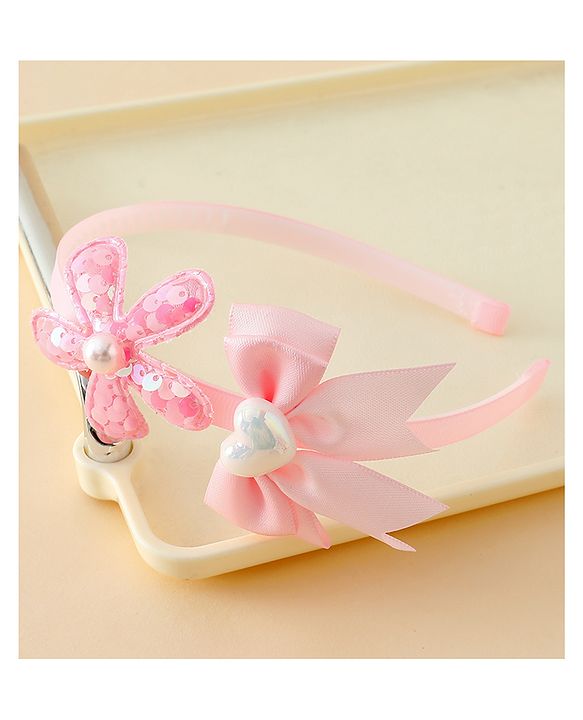Pine Kids Free Size Hair Band With Bow & Sequinned Floral Applique - Pink