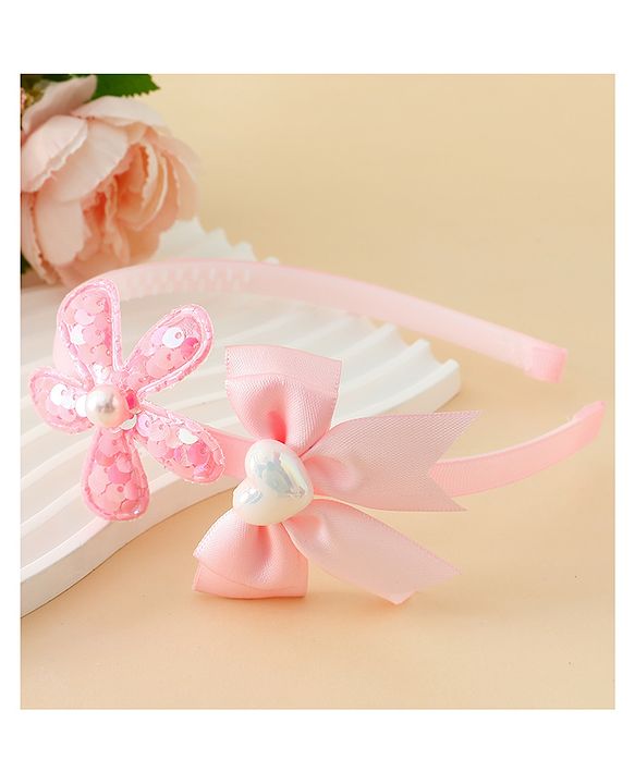 Pine Kids Free Size Hair Band With Bow & Sequinned Floral Applique - Pink