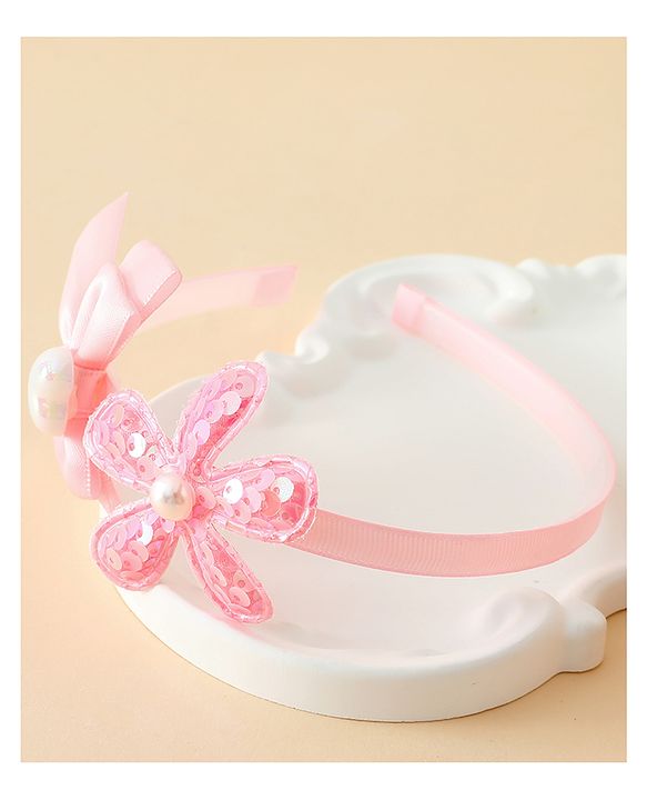 Pine Kids Free Size Hair Band With Bow & Sequinned Floral Applique - Pink