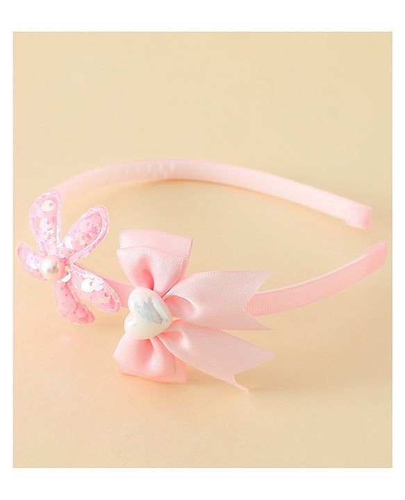 Pine Kids Free Size Hair Band With Bow & Sequinned Floral Applique - Pink