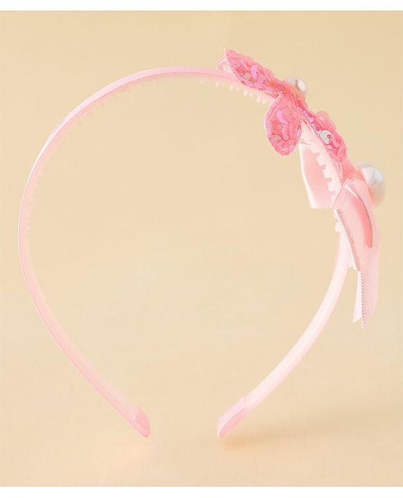 Pine Kids Free Size Hair Band With Bow & Sequinned Floral Applique - Pink