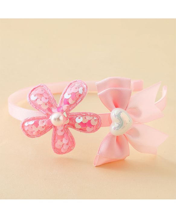 Pine Kids Free Size Hair Band With Bow & Sequinned Floral Applique - Pink