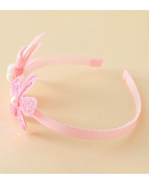 Pine Kids Free Size Hair Band With Bow & Sequinned Floral Applique - Pink