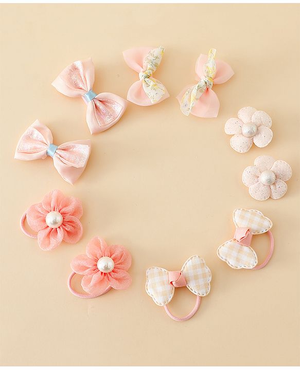 Babyhug Free Size Bow & Butterfly Hair Clips & Rubber Bands Pack of 10- Light Pink