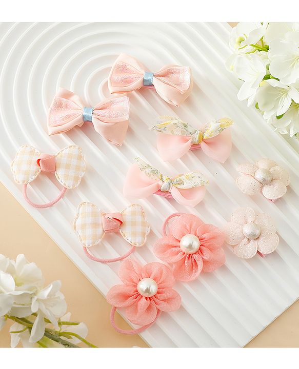 Babyhug Free Size Bow & Butterfly Hair Clips & Rubber Bands Pack of 10- Light Pink