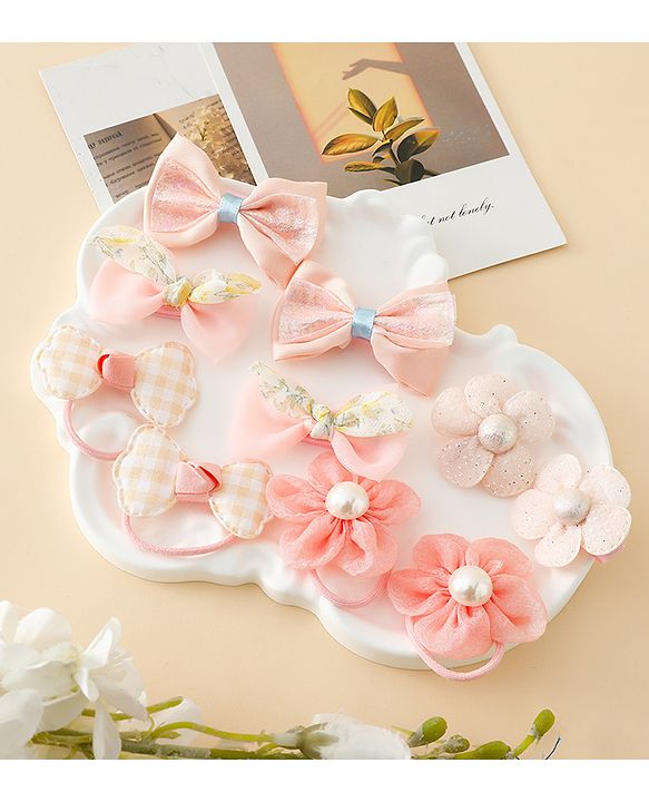 Babyhug Free Size Bow & Butterfly Hair Clips & Rubber Bands Pack of 10- Light Pink
