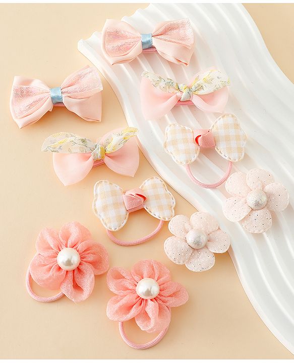 Babyhug Free Size Bow & Butterfly Hair Clips & Rubber Bands Pack of 10- Light Pink