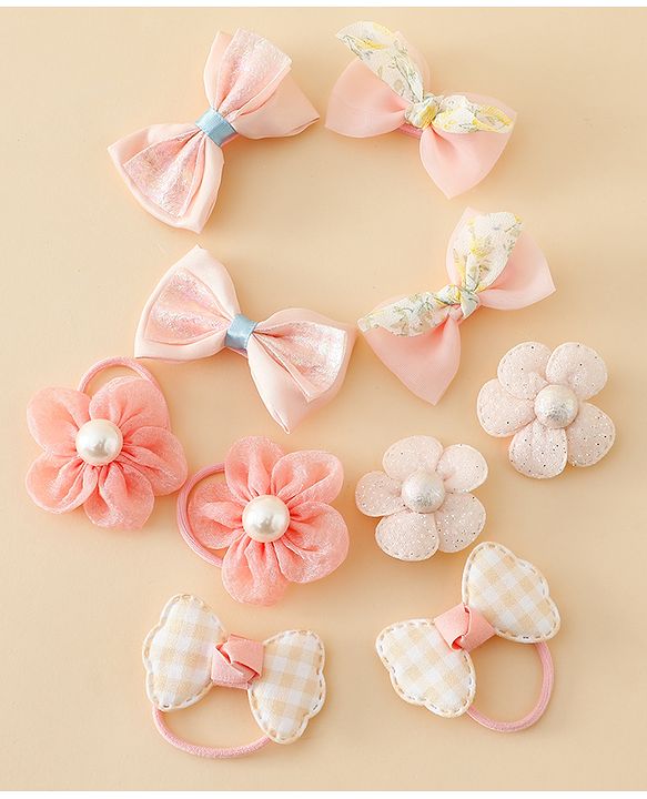 Babyhug Free Size Bow & Butterfly Hair Clips & Rubber Bands Pack of 10- Light Pink