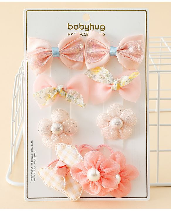 Babyhug Free Size Bow & Butterfly Hair Clips & Rubber Bands Pack of 10- Light Pink