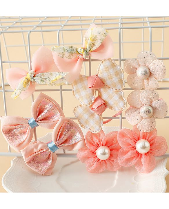 Babyhug Free Size Bow & Butterfly Hair Clips & Rubber Bands Pack of 10- Light Pink