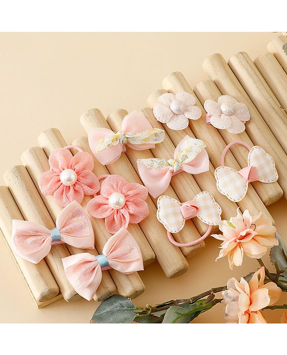 Babyhug Free Size Bow & Butterfly Hair Clips & Rubber Bands Pack of 10- Light Pink