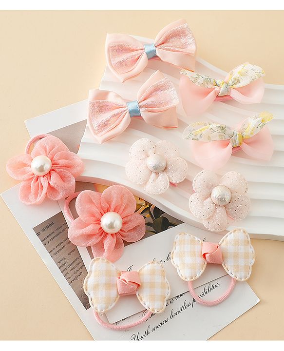 Babyhug Free Size Bow & Butterfly Hair Clips & Rubber Bands Pack of 10- Light Pink