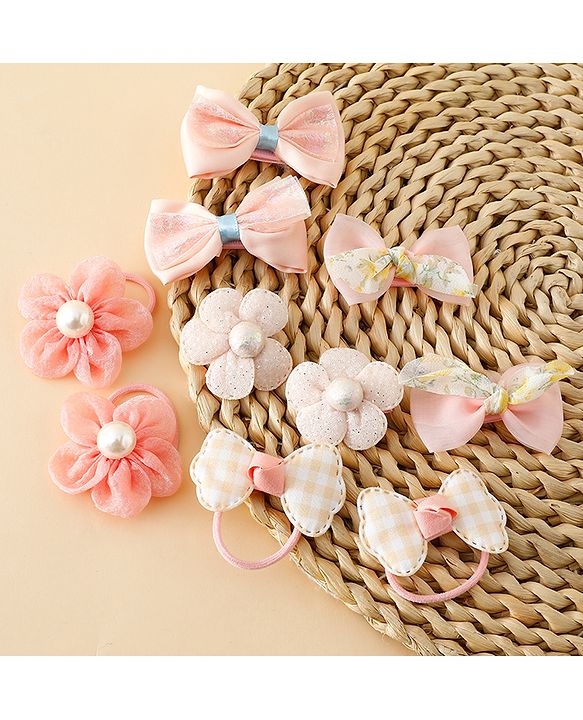 Babyhug Free Size Bow & Butterfly Hair Clips & Rubber Bands Pack of 10- Light Pink