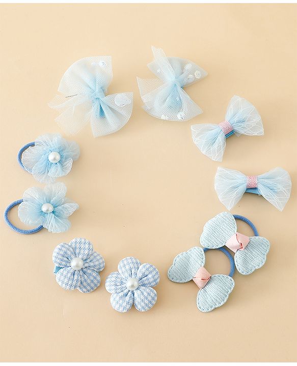 Babyhug Free Size Bow & Butterfly Hair Clips & Rubber Bands Pack of 10- Light Blue