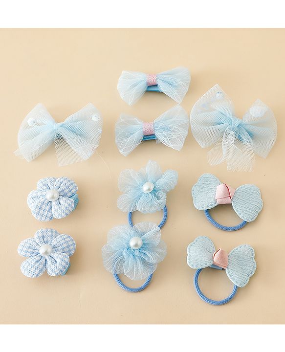 Babyhug Free Size Bow & Butterfly Hair Clips & Rubber Bands Pack of 10- Light Blue